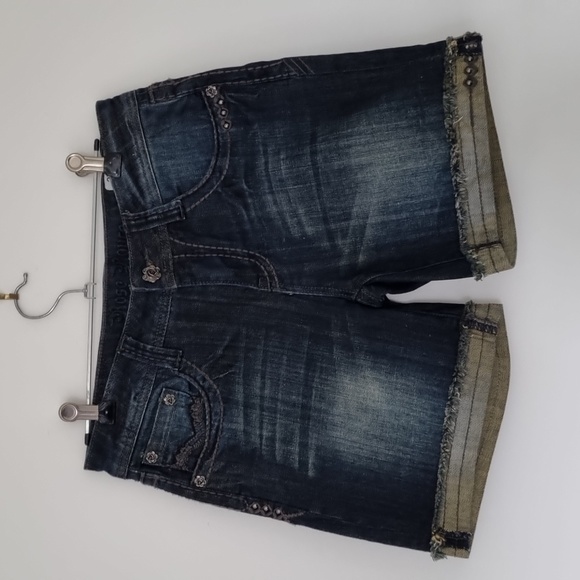 Rose Royce Pants - Rose Royce, dark blue denim shorts, rose button and stud details, size 27 5/6